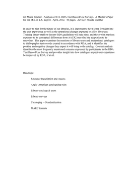 Jill Marie Sinclair. Analysis of U.S. RDA Test Record Use Surveys. a Master’S Paper for the M.S