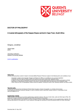 A Musical Ethnography of the Kaapse Klopse Carnival in Cape Town, South Africa