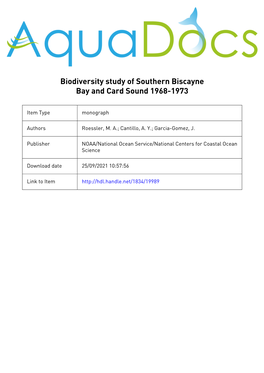 Biodiversity Study of Southern Biscayne Bay and Card Sound 1968-1973