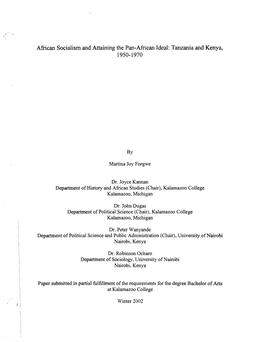 African Socialism and Attaining the Pan-African Ideal: Tanzania and Kenya, 1950-1970