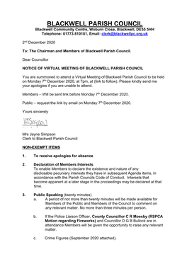 BLACKWELL PARISH COUNCIL Blackwell Community Centre, Woburn Close, Blackwell, DE55 5HH Telephone: 01773 810181, Email: Clerk@Blackwellpc.Org.Uk