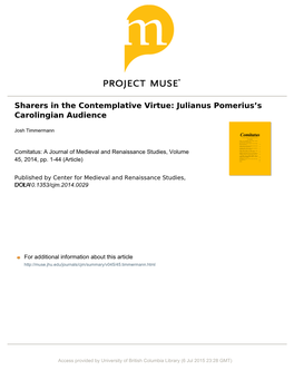 Sharers in the Contemplative Virtue: Julianus Pomerius’S Carolingian Audience