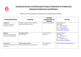Suggested Places for Specialized Studies, Formation of Formators, Ongoing Formation and Renewal