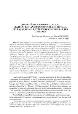 Constatări Cu Privire La Rolul Statului Românesc În Mișcarea Națională Din Basarabia Sub Stăpânirea Imperiului Rus (1812-1917)