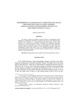 Remembering Nachbarschaft: Narratives of Social Organization and Cultural Memory Among Saxons in Michelsberg and Heltau (Southern Transylvania)*