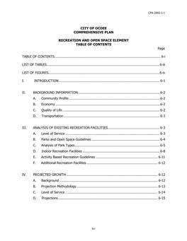 RECREATION and OPEN SPACE ELEMENT TABLE of CONTENTS Page