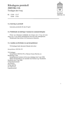 Snabbprotokoll 2005/06:116, Torsdagen Den 4 Maj-Kl. 12.00