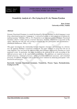 Transitivity Analysis of « the Crying Lot of 49 » by Thomas Pynchon