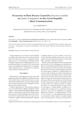 Occurence of Rust Disease Caused by Puccinia Oxalidis on Oxalis Triangularis in the Czech Republic – Short Communication