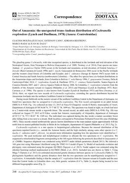 The Unexpected Trans-Andean Distribution of Cochranella Resplendens (Lynch and Duellman, 1978) (Anura: Centrolenidae)