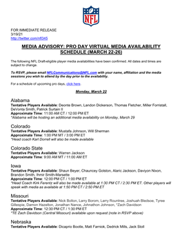 Media Advisory: Pro Day Virtual Media Availability Schedule (March 22-26)