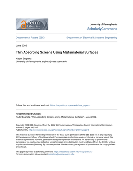 Thin Absorbing Screens Using Metamaterial Surfaces