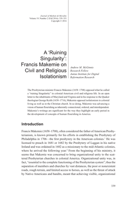 Francis Makemie on Civil and Religious Isolationism