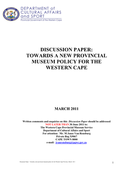 Towards a New Provincial Museum Policy for the Western Cape