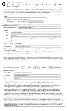 Notice of Contact Information for Transmitting Entities Publicly Performing Pre-1972 Sound Recordings