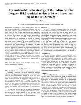 IPL? a Critical Review of 10 Key Issues That Impact the IPL Strategy