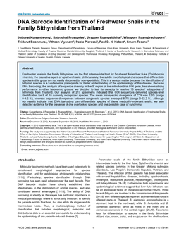 DNA Barcode Identification of Freshwater Snails in the Family Bithyniidae from Thailand