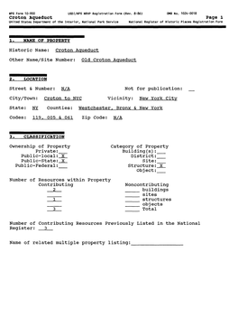 Croton Aqueduct Page 1 United States Department of the Interior, National Park Service National Register of Historic Places Registration Form