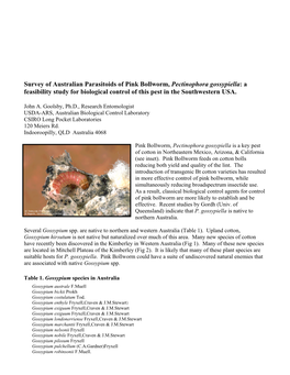 Survey of Australian Parasitoids of Pink Bollworm, Pectinophora Gossypiella: a Feasibility Study for Biological Control of This Pest in the Southwestern USA