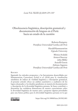Obsolescencia Lingüística, Descripción Gramatical Y Documentación De Lenguas En El Perú: Hacia Un Estado De La Cuestión