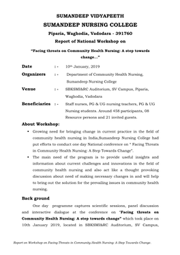 SUMANDEEP NURSING COLLEGE Piparia, Waghodia, Vadodara - 391760 Report of National Workshop On