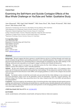 Examining the Self-Harm and Suicide Contagion Effects of the Blue Whale Challenge on Youtube and Twitter: Qualitative Study