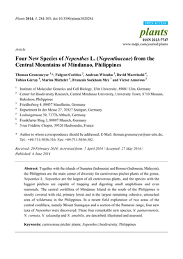 Four New Species of Nepenthes L. (Nepenthaceae) from the Central Mountains of Mindanao, Philippines