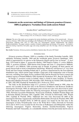 Comments on the Occurrence and Biology of Xylomoia Graminea (Graeser, 1889) (Lepidoptera: Noctuidae) from South-Eastern Poland