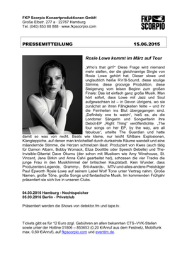 PRESSEMITTEILUNG 15.06.2015 Rosie Lowe Kommt