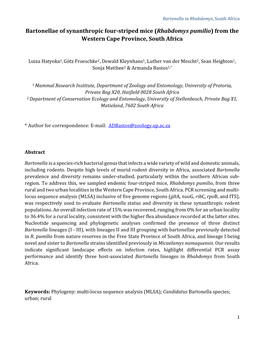 Bartonellae of Synanthropic Four-Striped Mice (Rhabdomys Pumilio ) from the Western Cape Province, South Africa