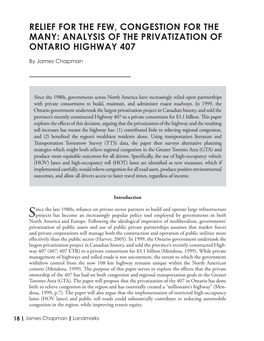 Relief for the Few, Congestion for the Many: Analysis of the Privatization of Ontario Highway 407