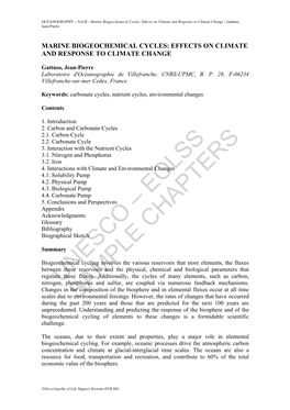 Marine Biogeochemical Cycles: Effects on Climate and Response to Climate Change - Gattuso, Jean-Pierre