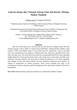 Land Use Change After Tsunami, Cherng Talay Sub-District, Thalang, Phuket, Thailand