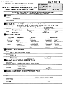 Data Sheet United States Department of the Interior National Park Service National Register of Historic Places Inventory -- Nomination Form