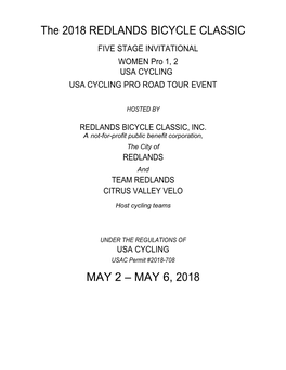 2018 REDLANDS BICYCLE CLASSIC FIVE STAGE INVITATIONAL WOMEN Pro 1, 2 USA CYCLING USA CYCLING PRO ROAD TOUR EVENT