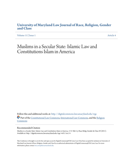 Muslims in a Secular State: Islamic Law and Constitutions Islam in America