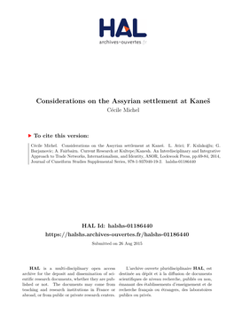 Considerations on the Assyrian Settlement at Kaneš Cécile Michel