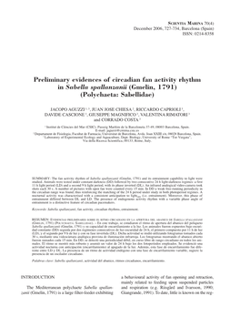 Preliminary Evidences of Circadian Fan Activity Rhythm in Sabella Spallanzanii (Gmelin, 1791) (Polychaeta: Sabellidae)