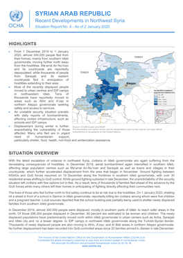 SYRIAN ARAB REPUBLIC Recent Developments in Northwest Syria Situation Report No