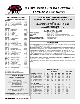 SAINT JOSEPH's BASKETBALL 2007-08 Game Notes