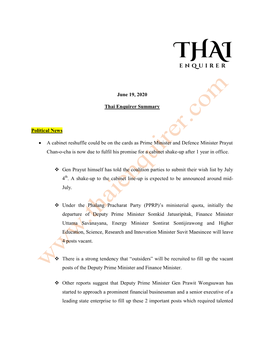 June 19, 2020 Thai Enquirer Summary Political News • a Cabinet