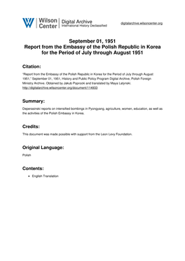 September 01, 1951 Report from the Embassy of the Polish Republic in Korea for the Period of July Through August 1951