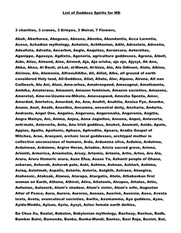 List of Goddess Spirits for MD 3 Charities, 3 Cranes, 3 Erinyes, 3 Moirai, 7 Flowers, Abuk, Abarbarea, Abeguwo, Abeona, Abnoba