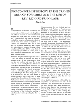 Non-Conformist History in the Craven Area of Yorkshire and the Life of Rev
