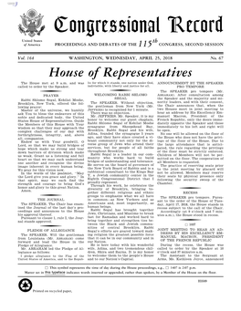 Congressional Record United States Th of America PROCEEDINGS and DEBATES of the 115 CONGRESS, SECOND SESSION