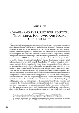 Romania and the Great War: Political, Territorial, Economic and Social Consequences1