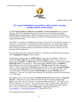 35 Annual NORTHERN CALIFORNIA AREA EMMY® AWARD NOMINATIONS ANNOUNCED