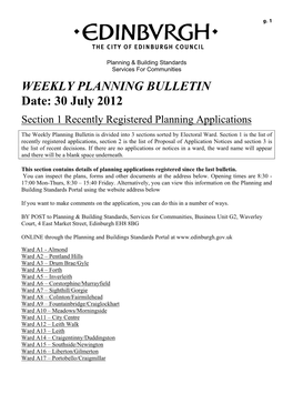 WEEKLY PLANNING BULLETIN Date: 30 July 2012