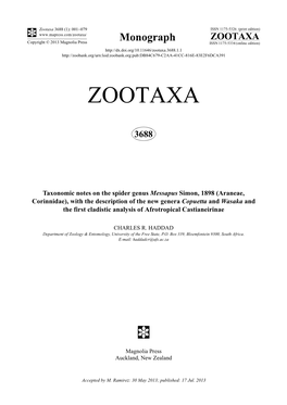 Araneae, Corinnidae), with the Description of the New Genera Copuetta and Wasaka and the First Cladistic Analysis of Afrotropical Castianeirinae