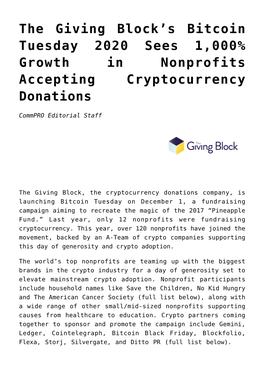 The Giving Block&#8217;S Bitcoin Tuesday 2020 Sees